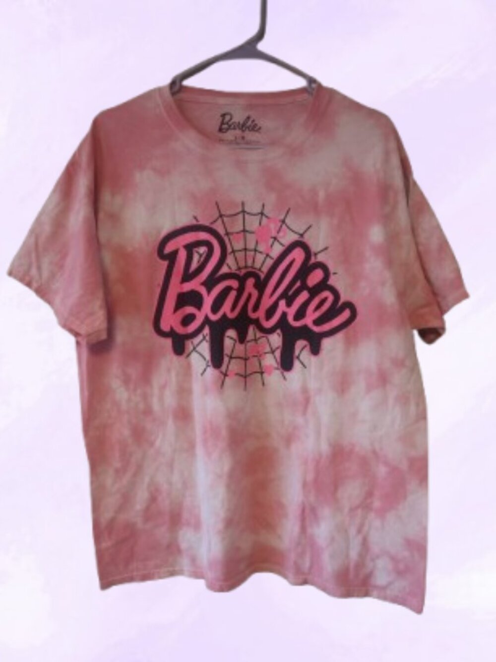 Barbie Barbie spider web graphic t-shirt tie dye in pink, black and hot pink L